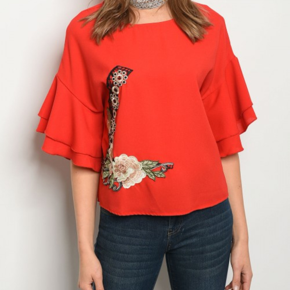 RED  ROSE FLUTTER TOP @LAST ONE